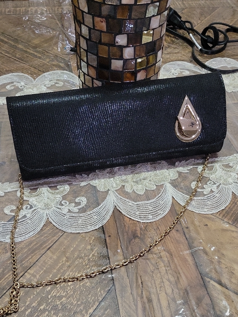 Kate Landry Black Evening Clutch with Gold Teardrop Accent